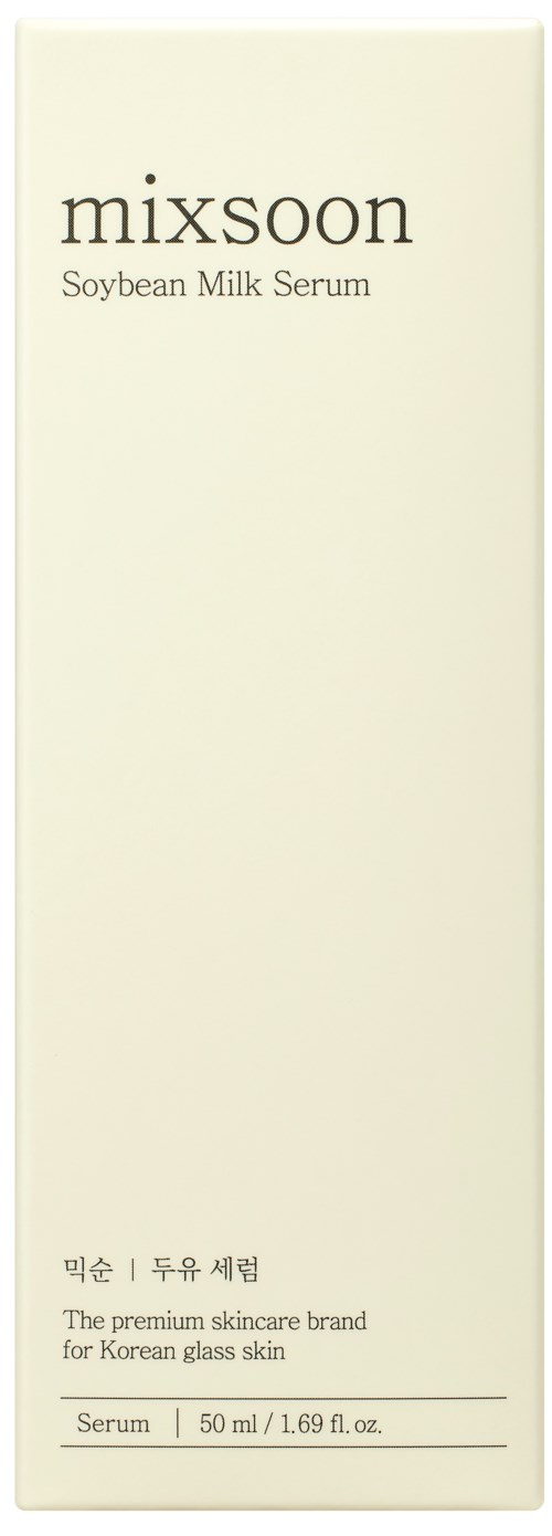 A tall, simple white box with black text for a soybean milk skincare serum. It mentions Korean glass skin and contains 50ml.