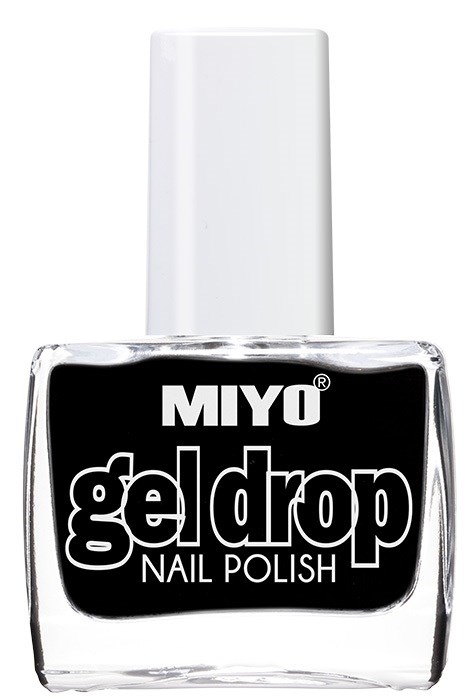 En flaska MIYO gel drop nagellack med vit lock och svart etikett.