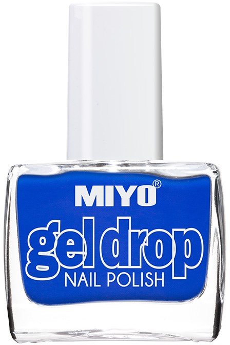 En flaska blå gel nagellack med vit lock och varumärkesnamnet 'MIYO gel drop' på etiketten.
