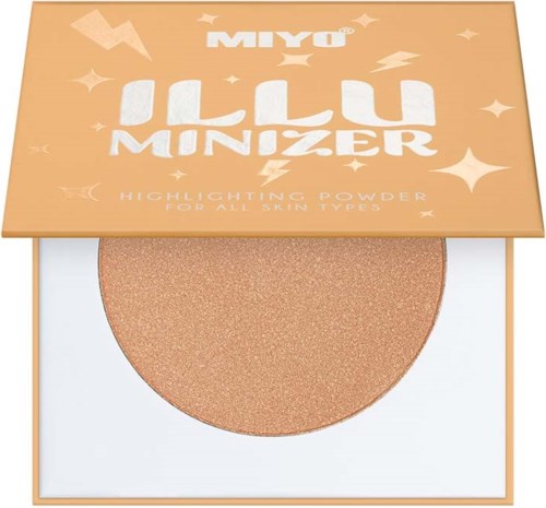 En kompakt highlighter i en fyrkantig orange förpackning med gnistor och stjärnor, märkt MIYO Illu Miner.