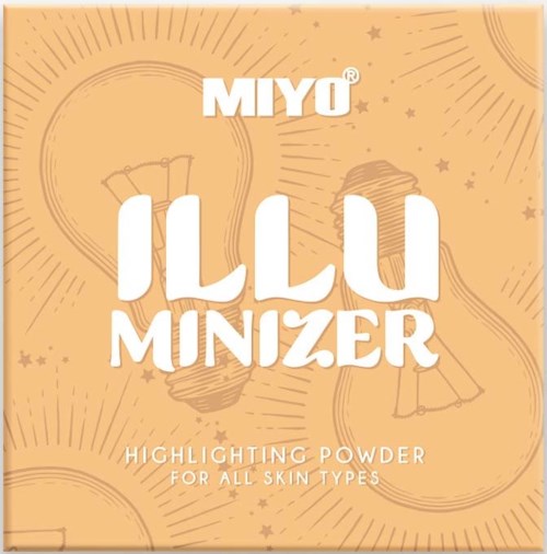 En beige låda med vit text, varumärkesnamn MIYO, som säger 'Illu Minizer' för highlighting powder, lämplig för alla hudtyper.