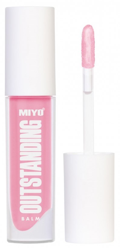 Pinkki huulten balsami valkoisella kannella ja aplikaattorilla. Etiketissä lukee "MIYO OUTSTANDING BALM."