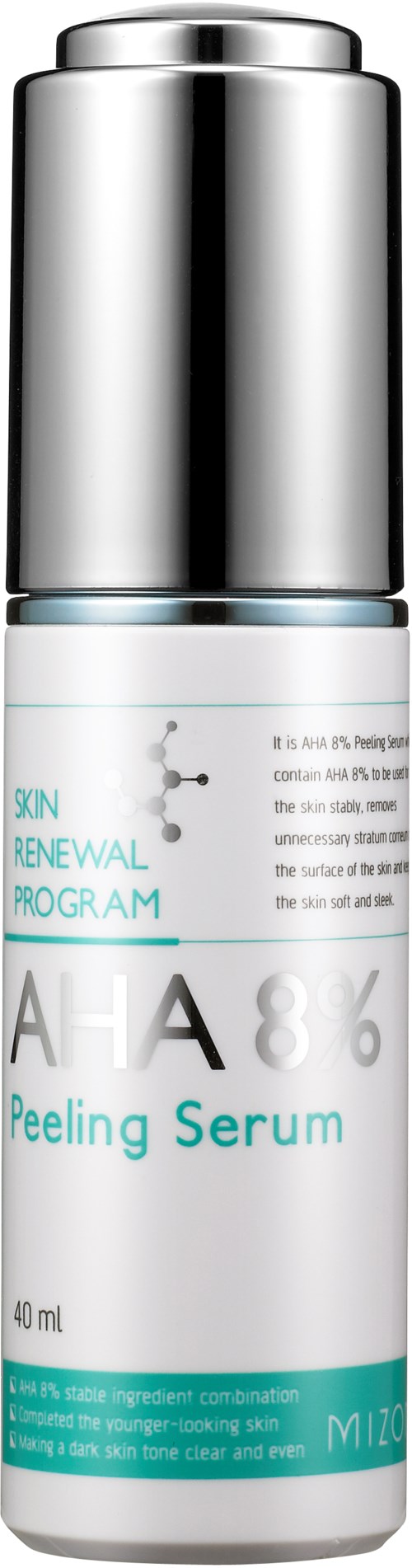A bottle of skin renewal serum with silver and white design, labeled AHA 8% Peeling Serum, 40 ml.