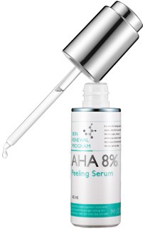 En sølvfarget dråpetellerflaske med AHA 8% peelingserum, hvit beholder og blå etikett.