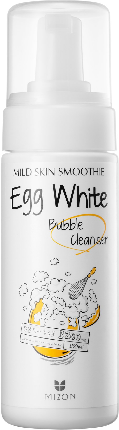 En hvit flaske med pumpe merket 'Egg White Bubble Cleanser' for hud, med en skisse av en bolle og børste.