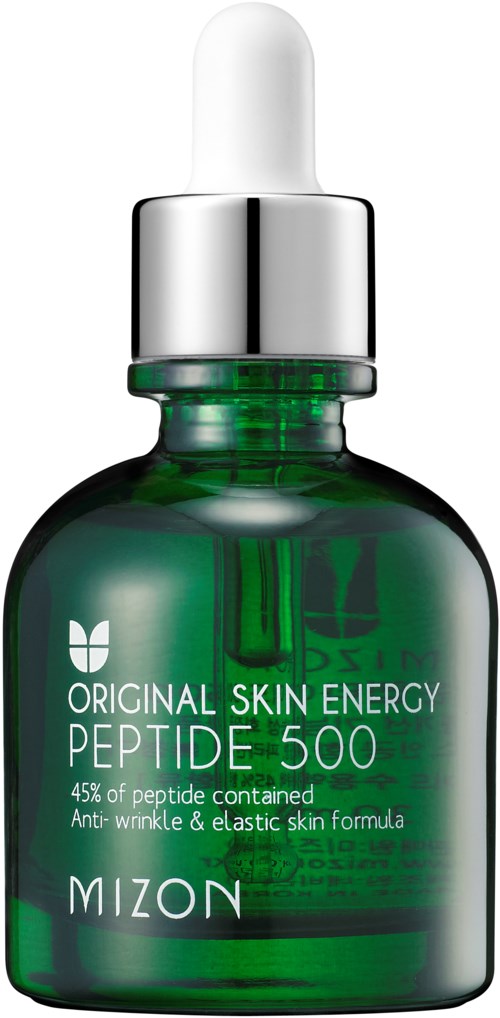 Vihreä lasipullo, jossa valkoinen tippoohja, merkintä Mizon Skin Energy Peptide 500. Kasvojenhoitoon.