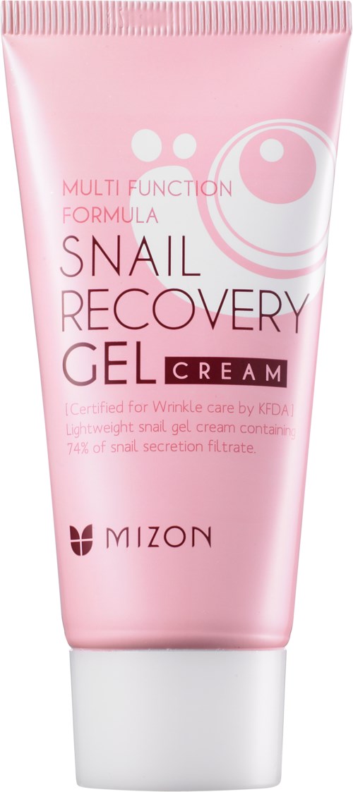 Rosa tub med snail recovery gel crème med vitt lock, från Mizon, för rynkhjälp och hudläkning.