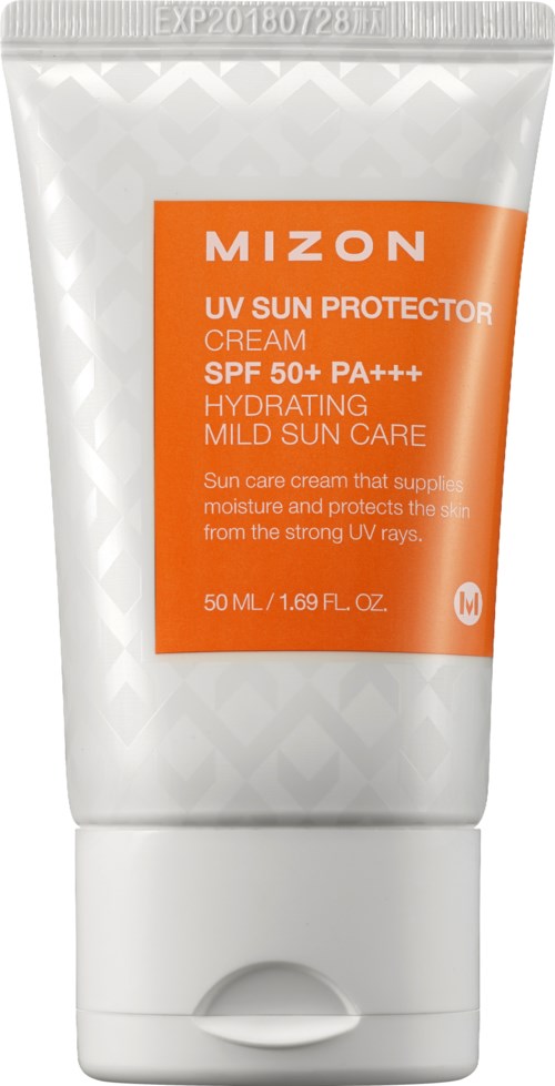 En vit tub med orange etikett som visar Mizon UV-solkräm, SPF 50+ PA++, och fuktighetsbevarande egenskaper.