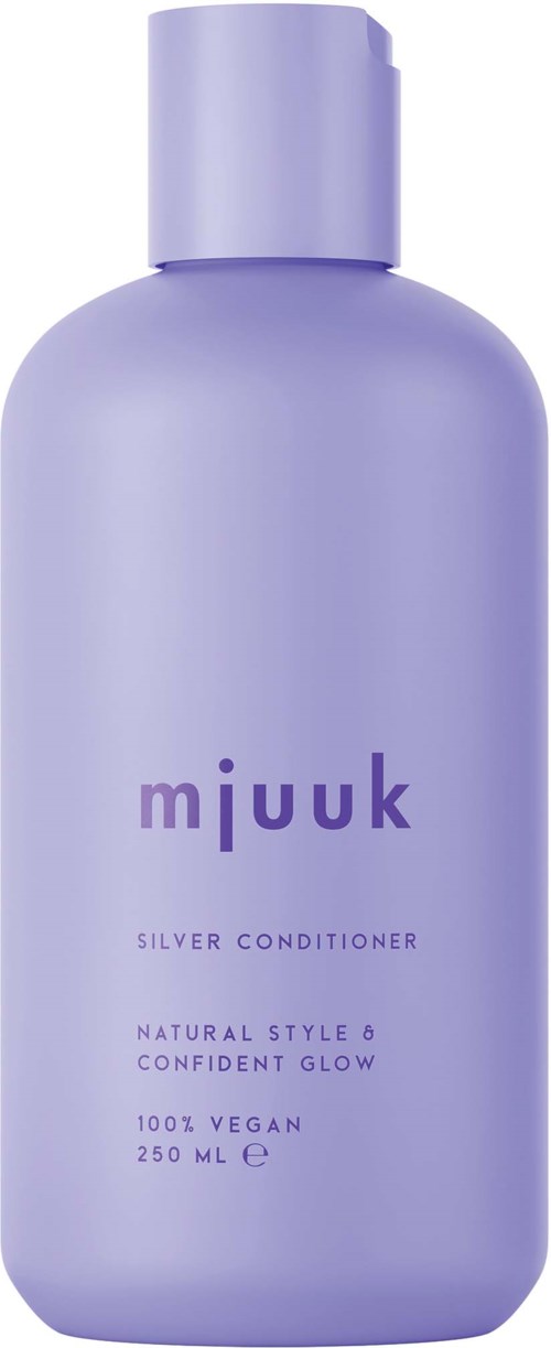 En lila-flaska med etikett som säger 'mjuuk' och 'Silver Conditioner', 250 ml, vegansk och naturlig.
