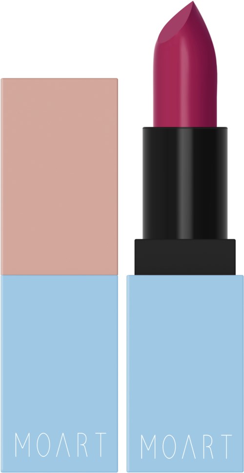 Ett rosa läppstift i ett svart och blått fodral, med märket 'MOART' på förpackningen.