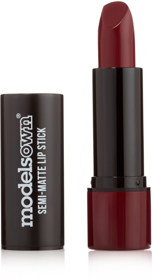 En mörkröd läppstift i ett svart rör med lock, märkt "models Own SEMI-MATTE LIP STICK".