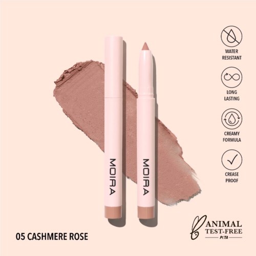 Two lip crayons labeled '05 Cashmere Rose' with beige and pink shades, on a soft pink background, showing features like water resistance.