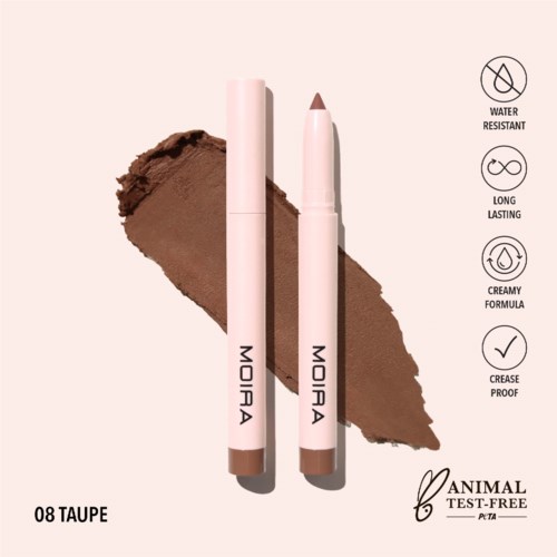 Two makeup sticks, one slightly used, are placed on a brown swatch with info about water resistance and longevity.