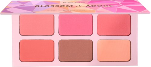 Sex pink og ferskenfarvede blushes i en pink palet med geometrisk design på låget.