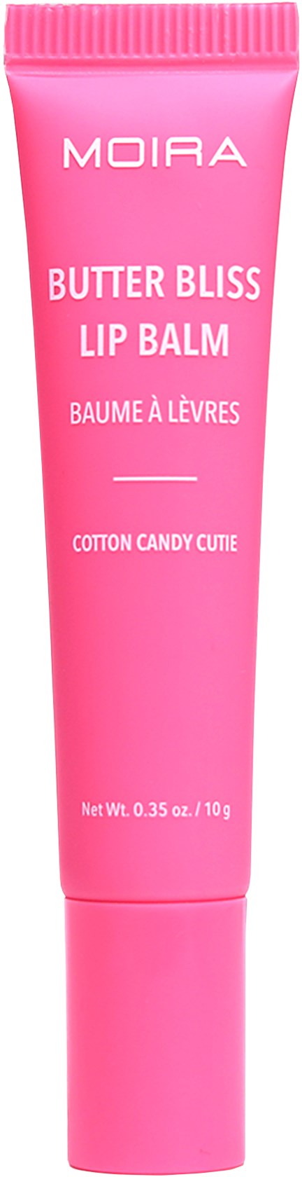Pink tub med Moira Butter Bliss läppbalsam, doft av bomullsgodis, 0,35 ounces.