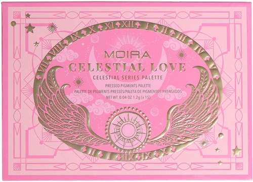 Pink packaging with gold wings and celestial symbols, promoting a makeup palette called Celestial Love.
