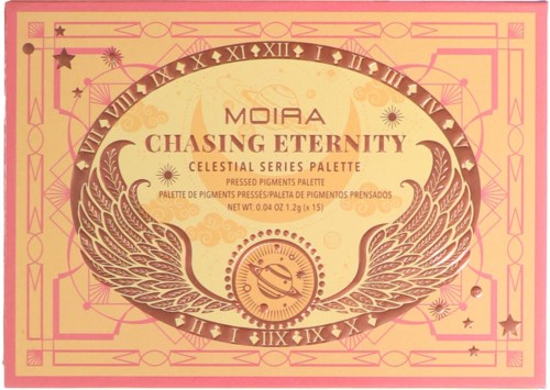 A makeup palette named 'Chasing Eternity' with winged designs, stars, and a celestial theme in pink and gold.