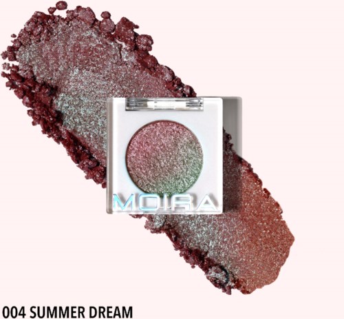 En glitrende pink og grøn øjenskygge i en sølv-emballage, mærket '004 SUMMER DREAM.'