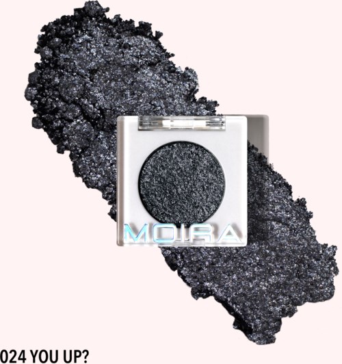 Schwarzer Lidschatten mit Glanz, in einer Schachtel mit 'MOIRA', auf rosa Hintergrund.