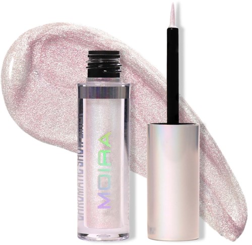 A clear lip gloss with holographic text and an applicator brush. Pink glitter is spread behind it.