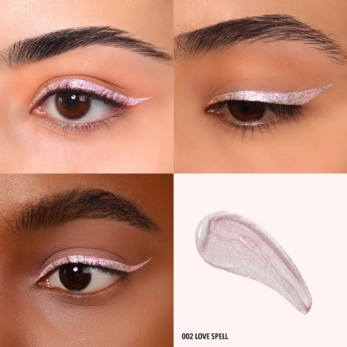 Eyes with pink and silver glittery eye makeup, stylish eyeliner, and eyebrow details. A makeup product is also shown.