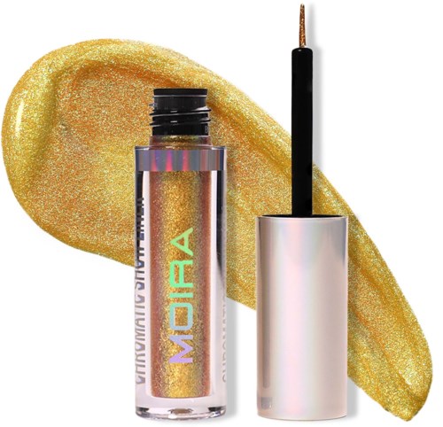 En guldig glitterögonskugga med svart applicatorsvamp och silverlock, visad mot ett glitterguld bakgrund.