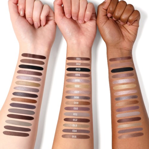 Three arms with different skin tones show various shades of makeup or eyeshadow swatches in order from light to dark.
