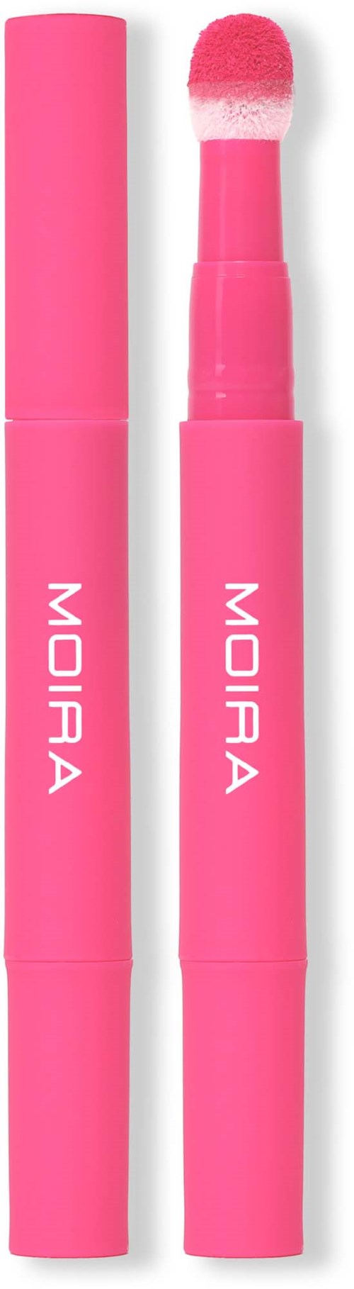 Een roze schoonheidsstaaf met een wit en roze sponsdop en een roze dop, gemerkt Mojra.