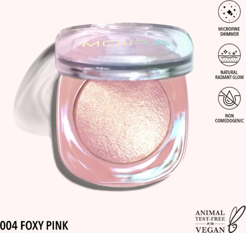 A pink makeup highlighter inside a round glass container with a shiny, shimmer effect. It has icons showing shimmer, glow, and cruelty-free status.