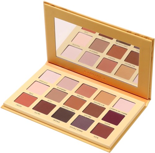 A makeup palette with 20 eyeshadow shades in a gold case, with a mirror inside the lid.