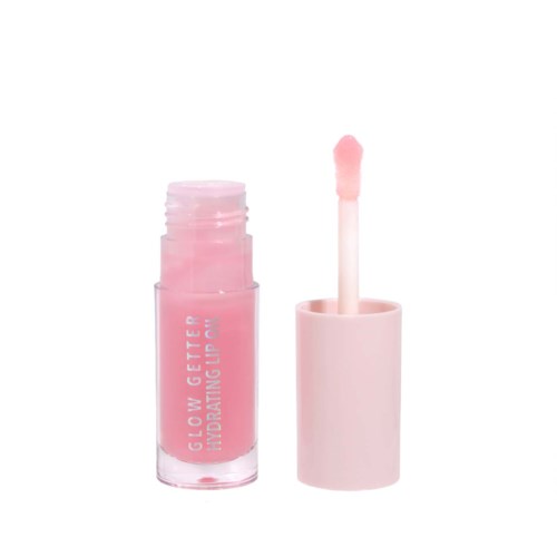 En lille rosa læbepomadeflaske med påføring, der viser gloss indeni.