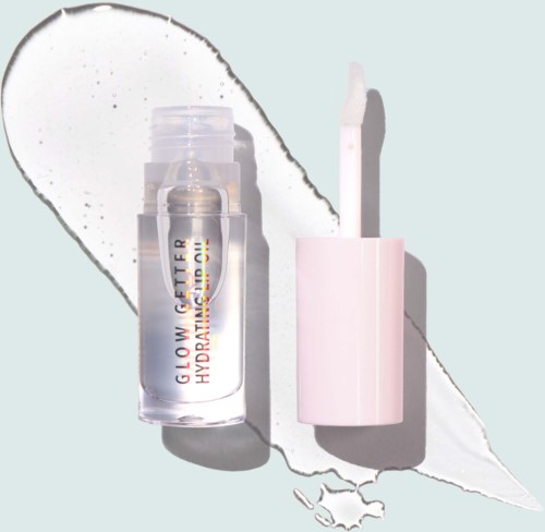 En flaske glow gel primer med en hvid påføringstang ved siden af, på en lys baggrund.