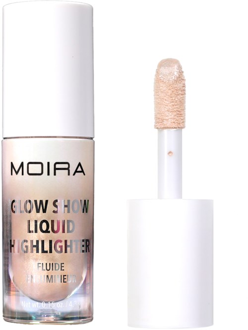 Flydende highlighter med applikator, mærket 'Moira Glow Show.' Lys champagnefarve, enkel hvid emballage.