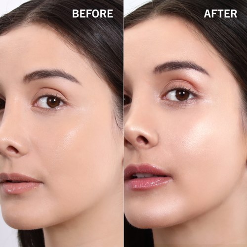 Sammenligning viser en kvinde før og efter hudpleje, med klarere, lysere hud og forbedret makeup efter.