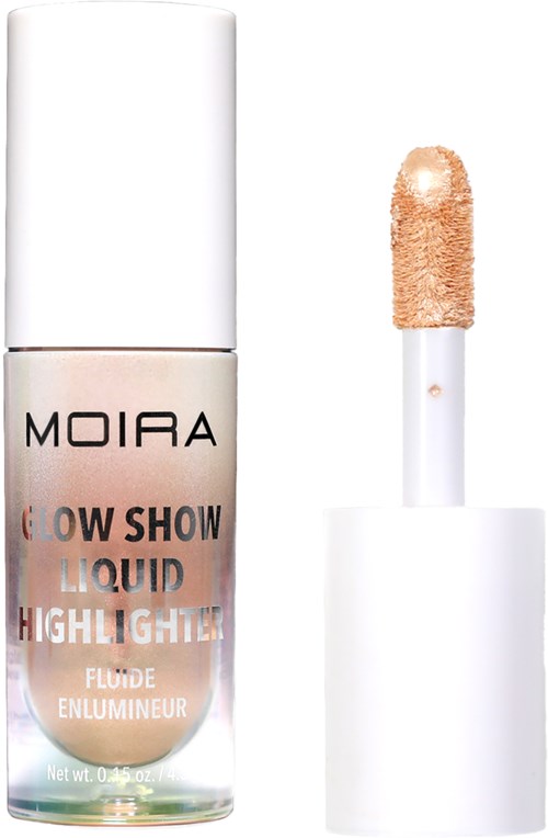En flaske flydende highlighter med hvid kapsel og svampapplikator. Varemærket er Moira.