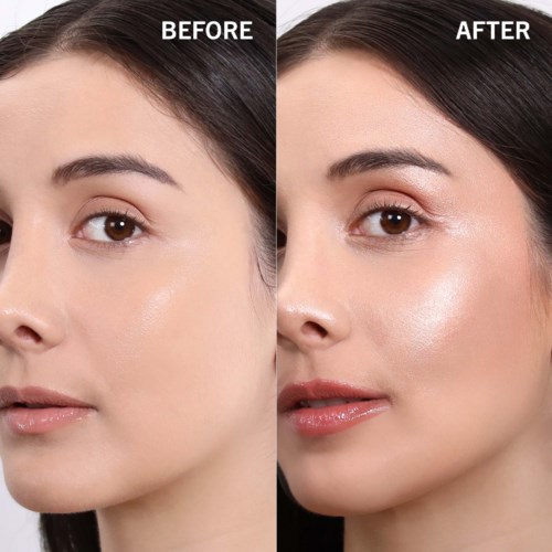 En kvindes ansigt før og efter makeup eller hudbehandling, der viser klarere, skinnende hud og forbedrede træk i efter-billedet.