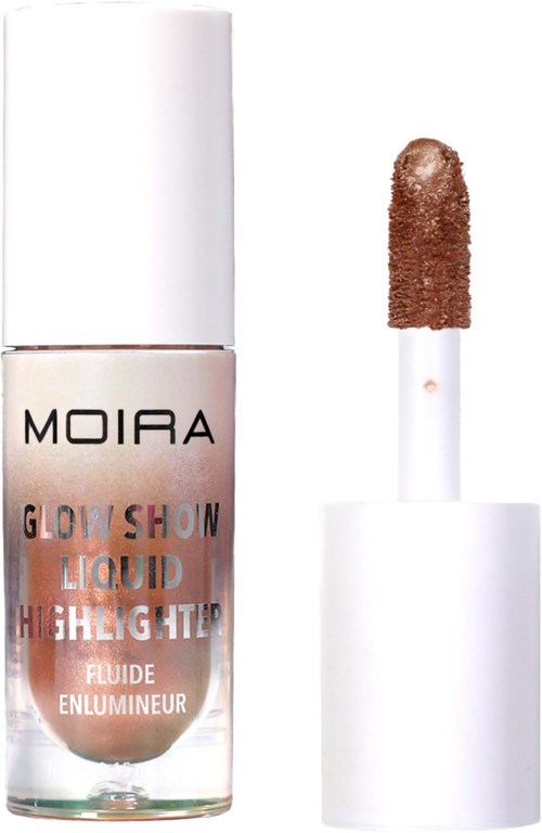En tube med flydende højlighter med svampet applikator, mærket 'MOIRA GLOW SHOW LIQUID HIGHLIGHTER.'