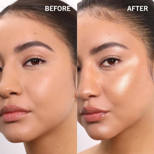 En kvinde med klar hud viser et før- og efterbillede af makeup- eller hudplejeforbedring. Huden virker glattere og mere skinnende efter.