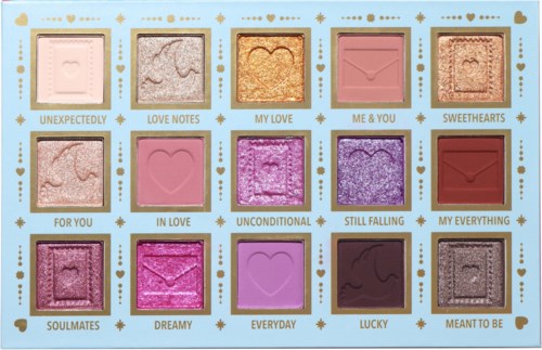 Colorful eyeshadow palette with different shades and inspiring words underneath each. Bright, fun, and romantic.