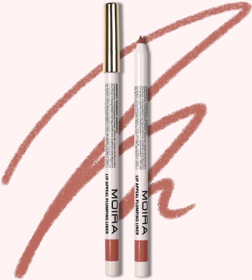 Twee lippliners, een met een gouden dop en een met een witte dop, liggen op een roze achtergrond met een bruine krabbel.