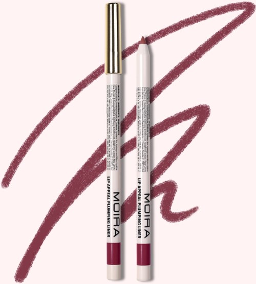 Twee witte en roze make-up potloden met tekst, op een roze achtergrond met roze krullen.