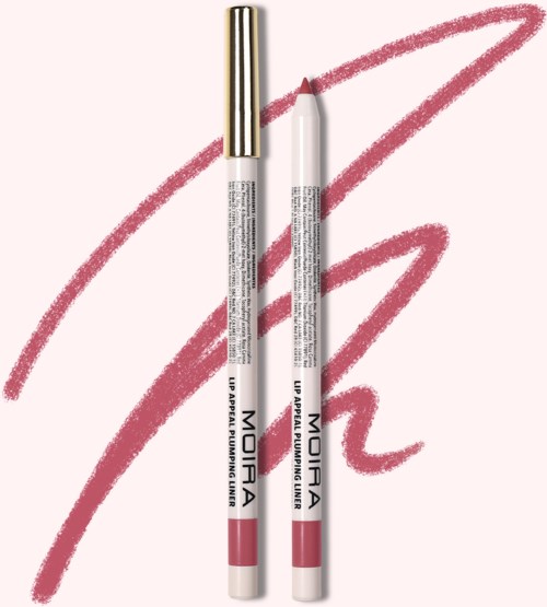 Twee witte lipliners met gouden doppen liggen naast elkaar op een roze achtergrond met een rode kriebel.