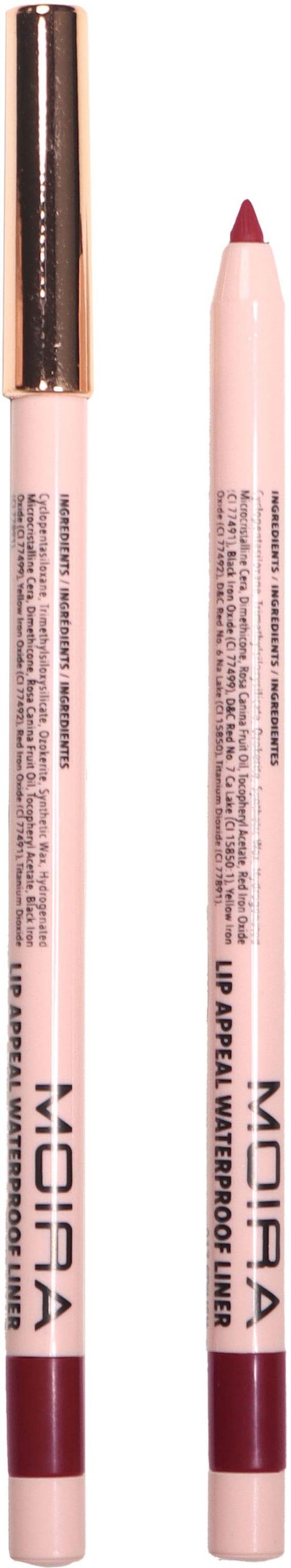 Twee lip liners, één met deksel, roze en wijnrode kleuren, met tekst op het lichaam.
