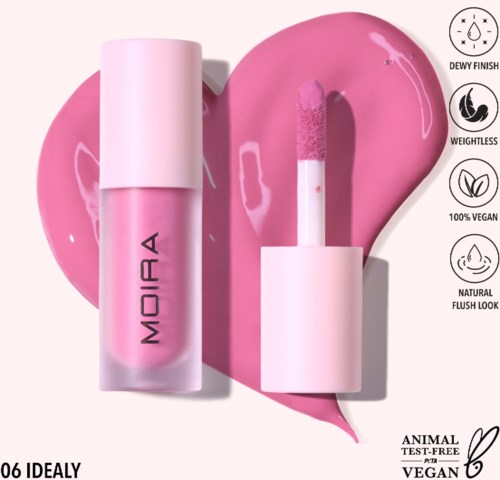 Lip gloss container and applicator in front of a pink heart, with icons showing vegan, natural, and cruelty-free features.