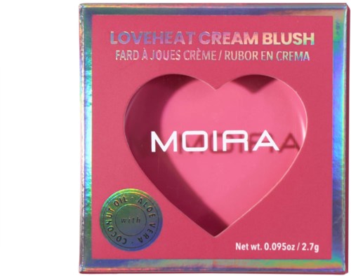 Róż do policzków w kształcie serca z brandingiem i kolorowym opakowaniem, oznaczony jako love heat cream blush z olejem, zwarty design.