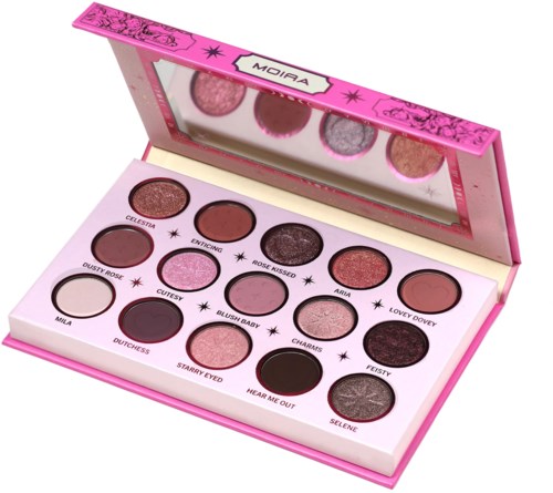 Een roze oogschaduw palette met 16 verschillende tinten, some glanzend en mat, in een versierde doos.