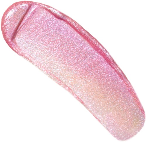 En pink, glitrende, oval formet sæbe med en linje på den ene side.