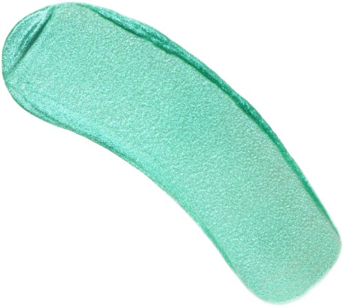 Een groene, sponsachtige schoonmaakpad met een gebogen vorm en een geribbelde oppervlak voor schrobben.