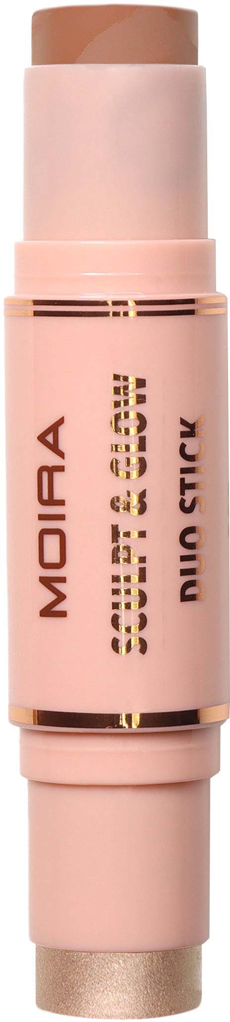 A pink makeup stick with a label reading "Moira Soft & Glow Mini Stick."