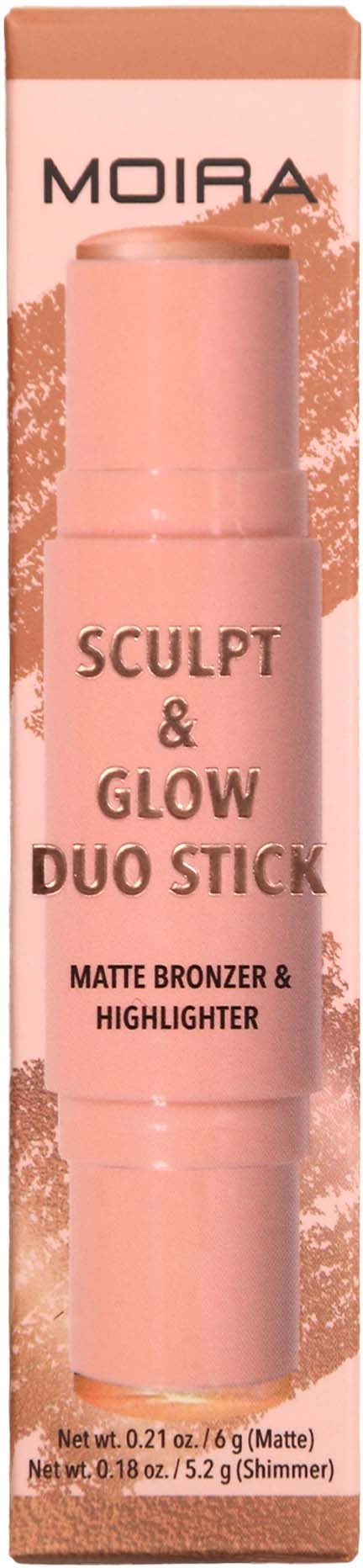 Pink cylindrical stick for bronzer and highlighter from Moira, labeled sculpt and glow duo stick.